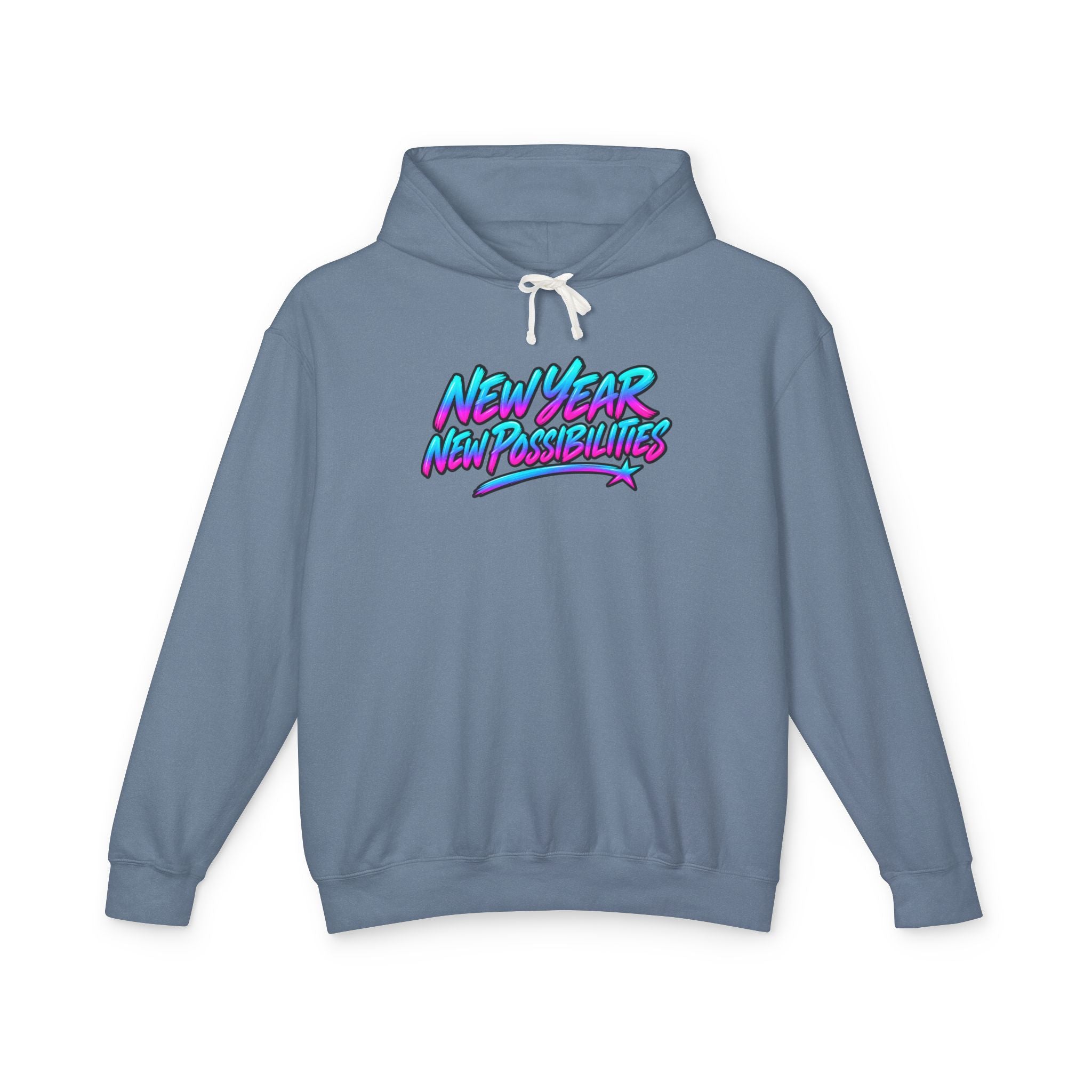 A dusty blue pullover hoodie with a colorful graphic on the chest reading 'New Year New Possibilities' in a pink, purple, and blue gradient font, shown on a plain white background.