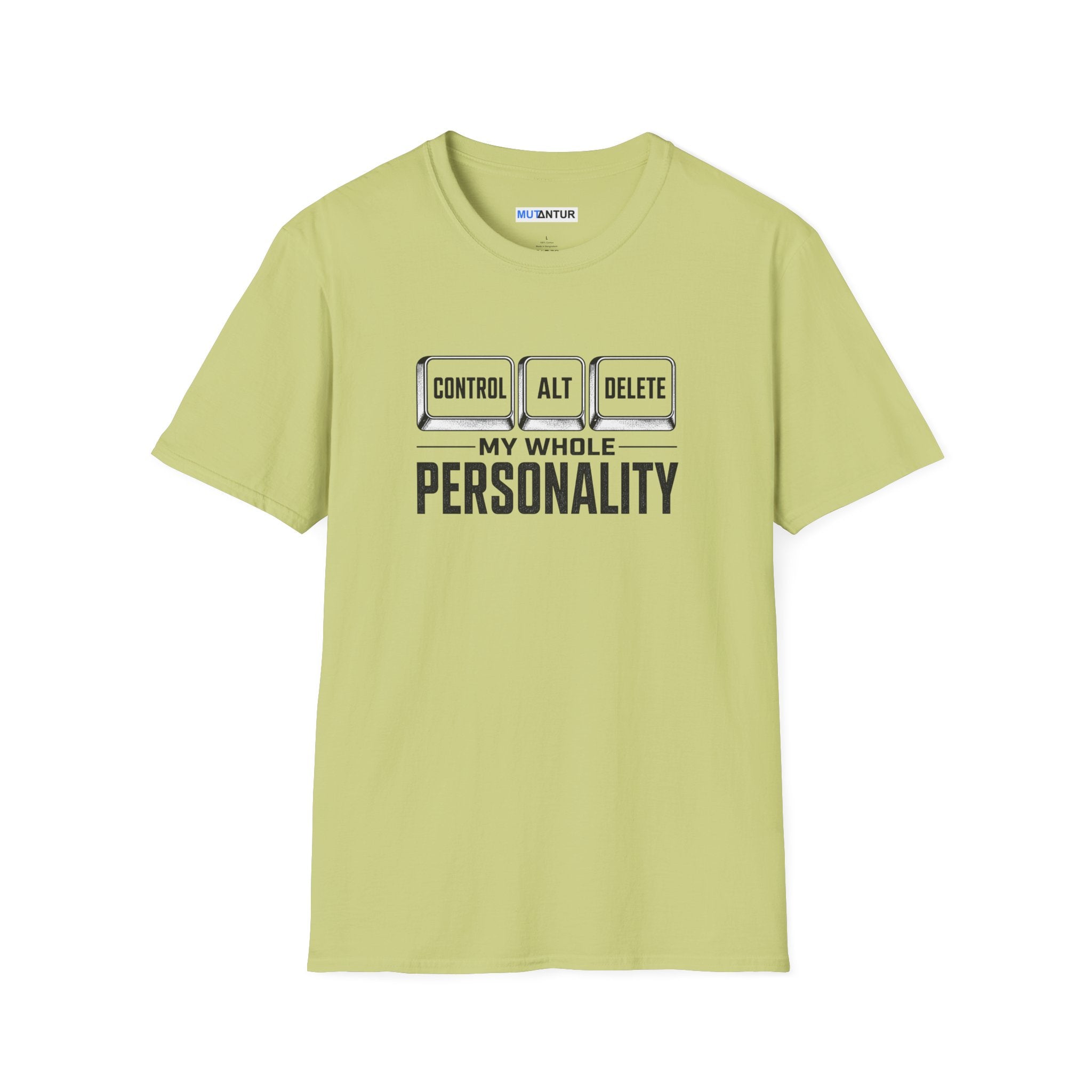 A light olive green crewneck t-shirt with a graphic on the chest that reads 'CONTROL ALT DELETE' above 'MY WHOLE PERSONALITY' in black text, displayed on a clean white background.