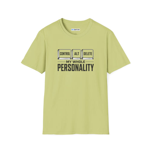 A light olive green crewneck t-shirt with a graphic on the chest that reads 'CONTROL ALT DELETE' above 'MY WHOLE PERSONALITY' in black text, displayed on a clean white background.