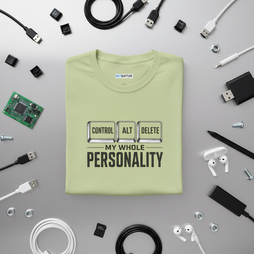 A light olive green crewneck t-shirt with a graphic on the chest that reads 'CONTROL ALT DELETE' above 'MY WHOLE PERSONALITY' in black text, displayed on a clean white background.