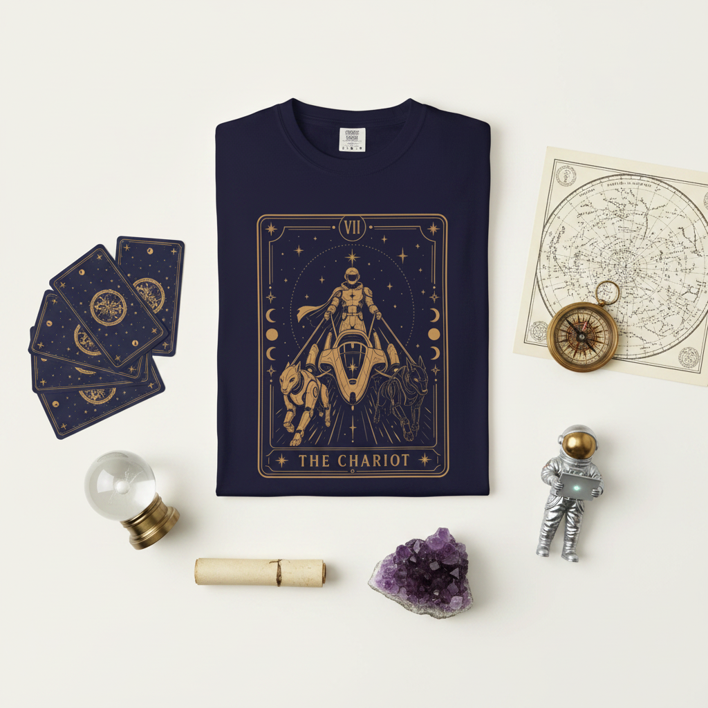 The Chariot Tarot t-shirt in navy, flat lay styled with tarot cards, a crystal ball, compass, star chart, and astronaut figurine