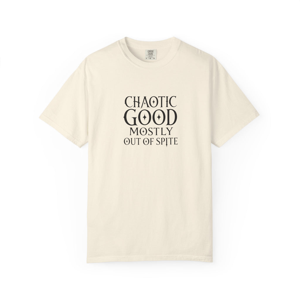 An off-white short-sleeve crewneck t-shirt with a black typographic graphic on the chest that reads 'CHAOTIC GOOD MOSTLY OUT OF SPITE'.