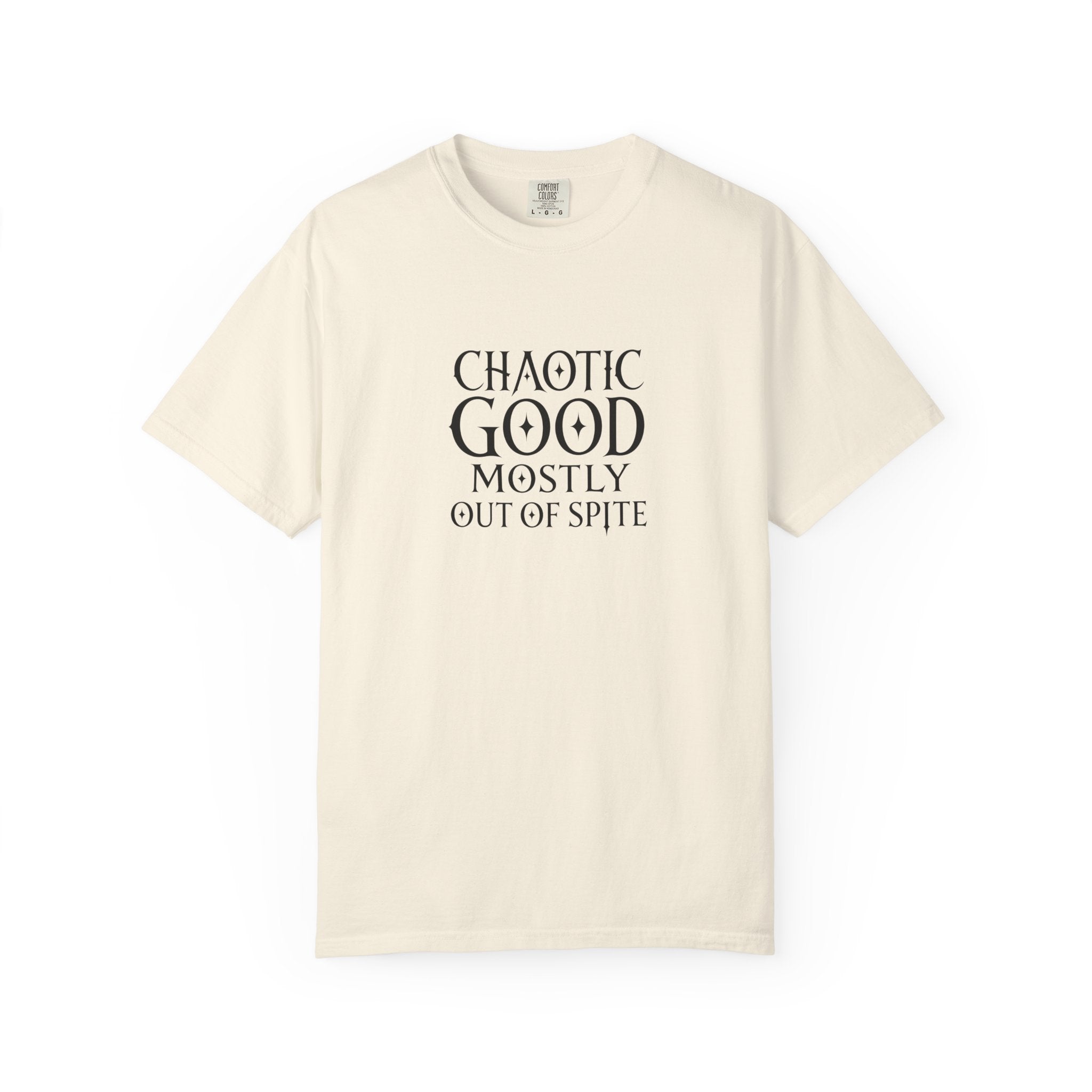 An off-white short-sleeve crewneck t-shirt with a black typographic graphic on the chest that reads 'CHAOTIC GOOD MOSTLY OUT OF SPITE'.