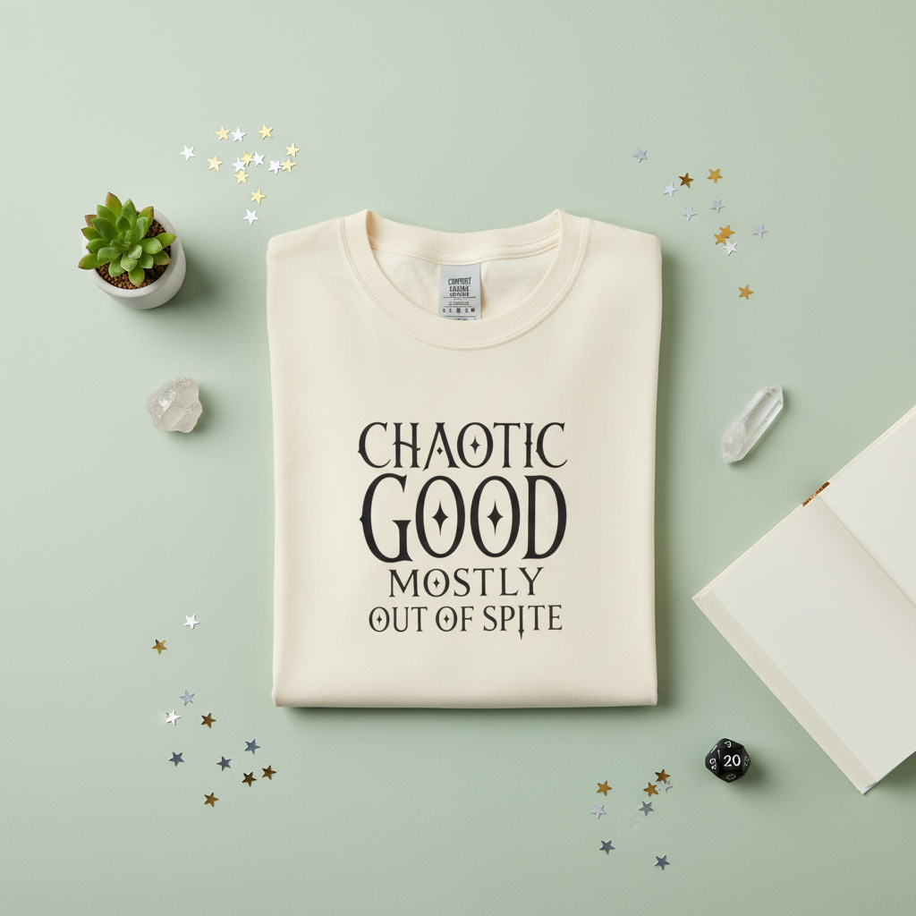 An off-white short-sleeve crewneck t-shirt with a black typographic graphic on the chest that reads 'CHAOTIC GOOD MOSTLY OUT OF SPITE'.