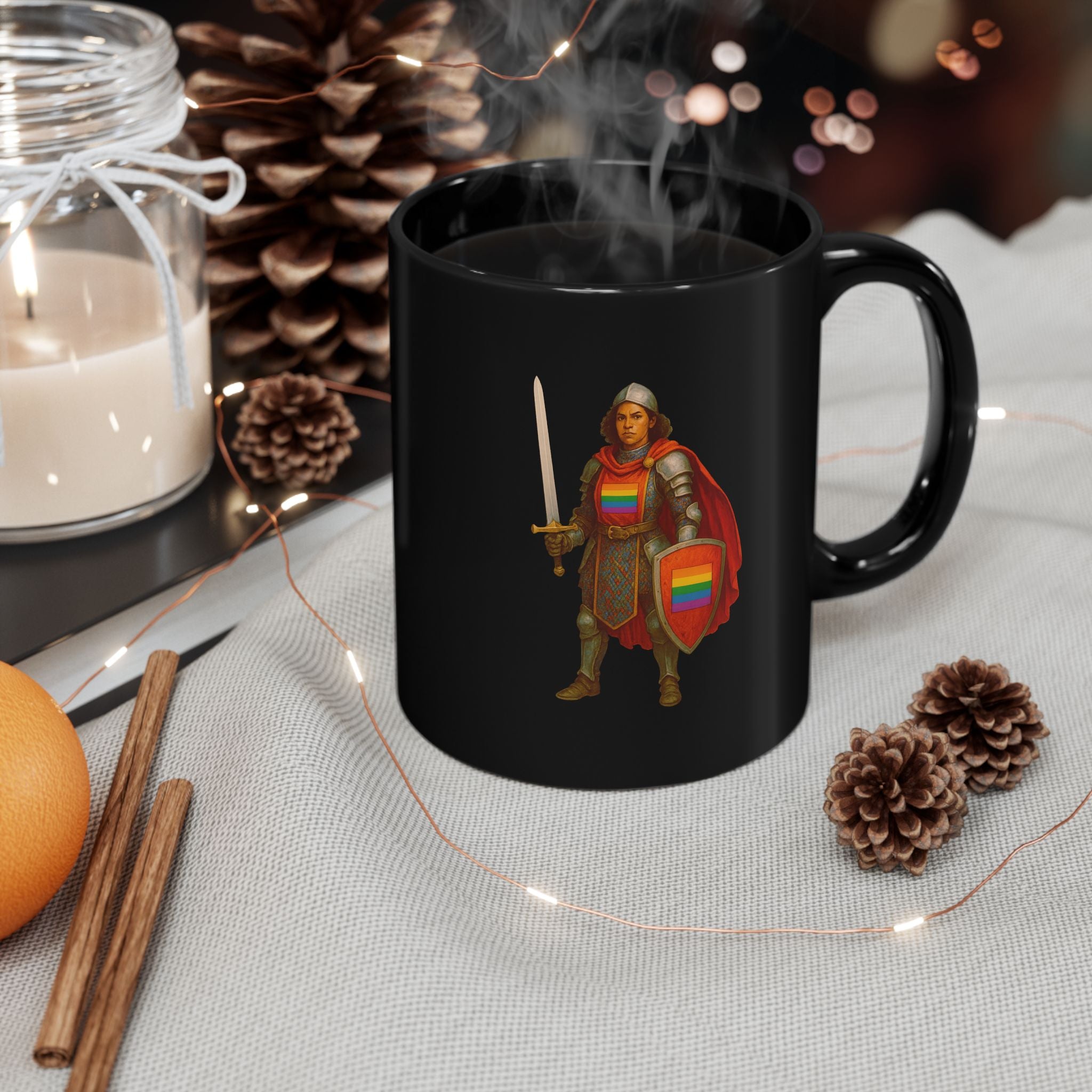 Rainbow Paladin Mug — Black Ceramic Mug with Pride Shield and Cape - Mutantur Labs LLC