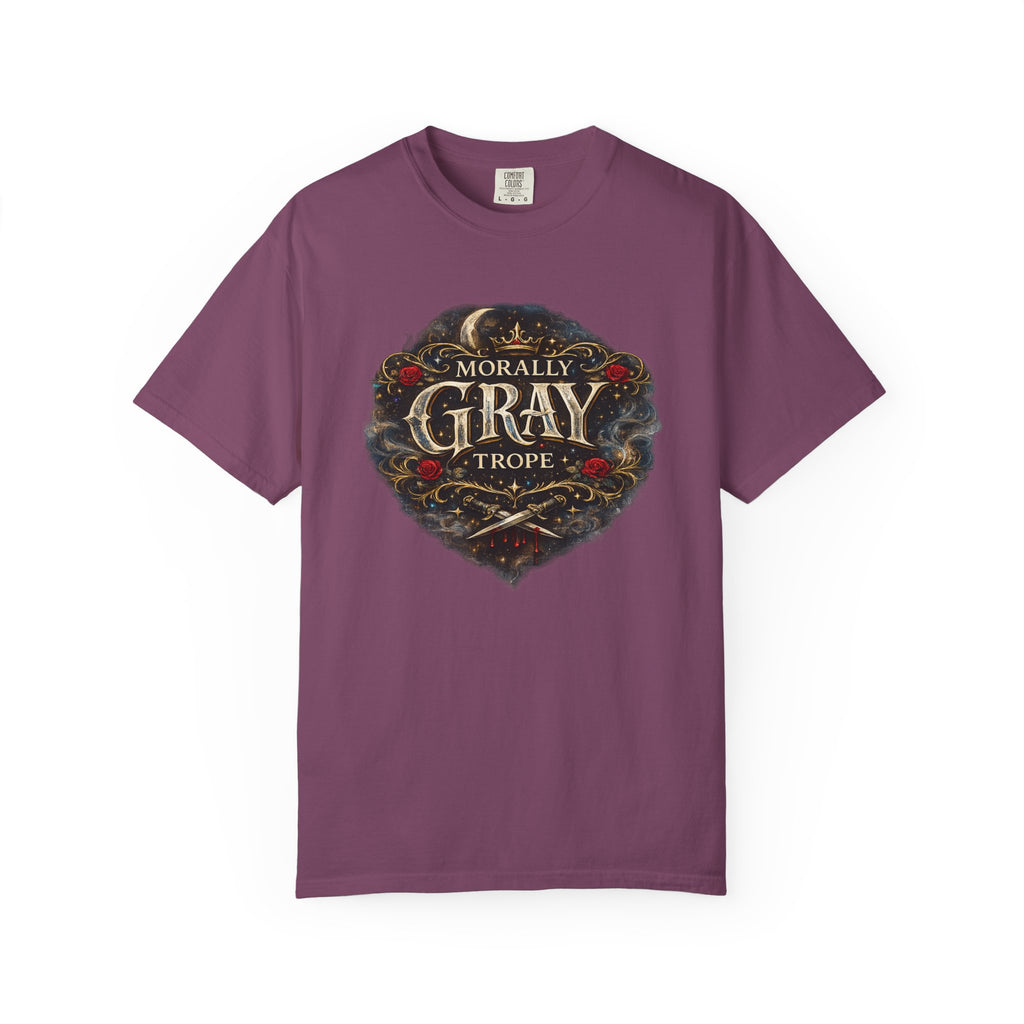 Morally Gray Trope Comfort Colors gothic fantasy graphic tee, side view