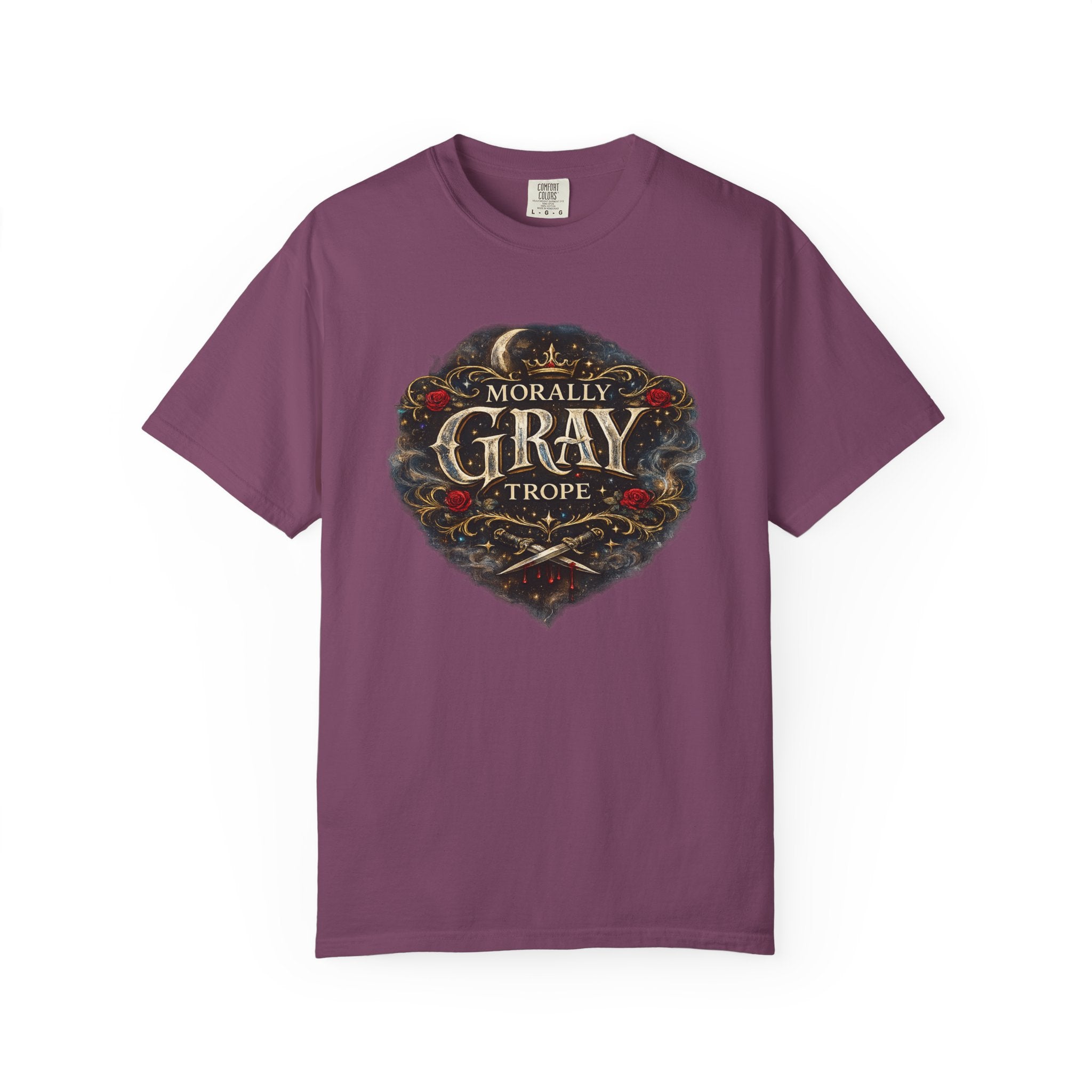 Morally Gray Trope Comfort Colors gothic fantasy graphic tee, side view