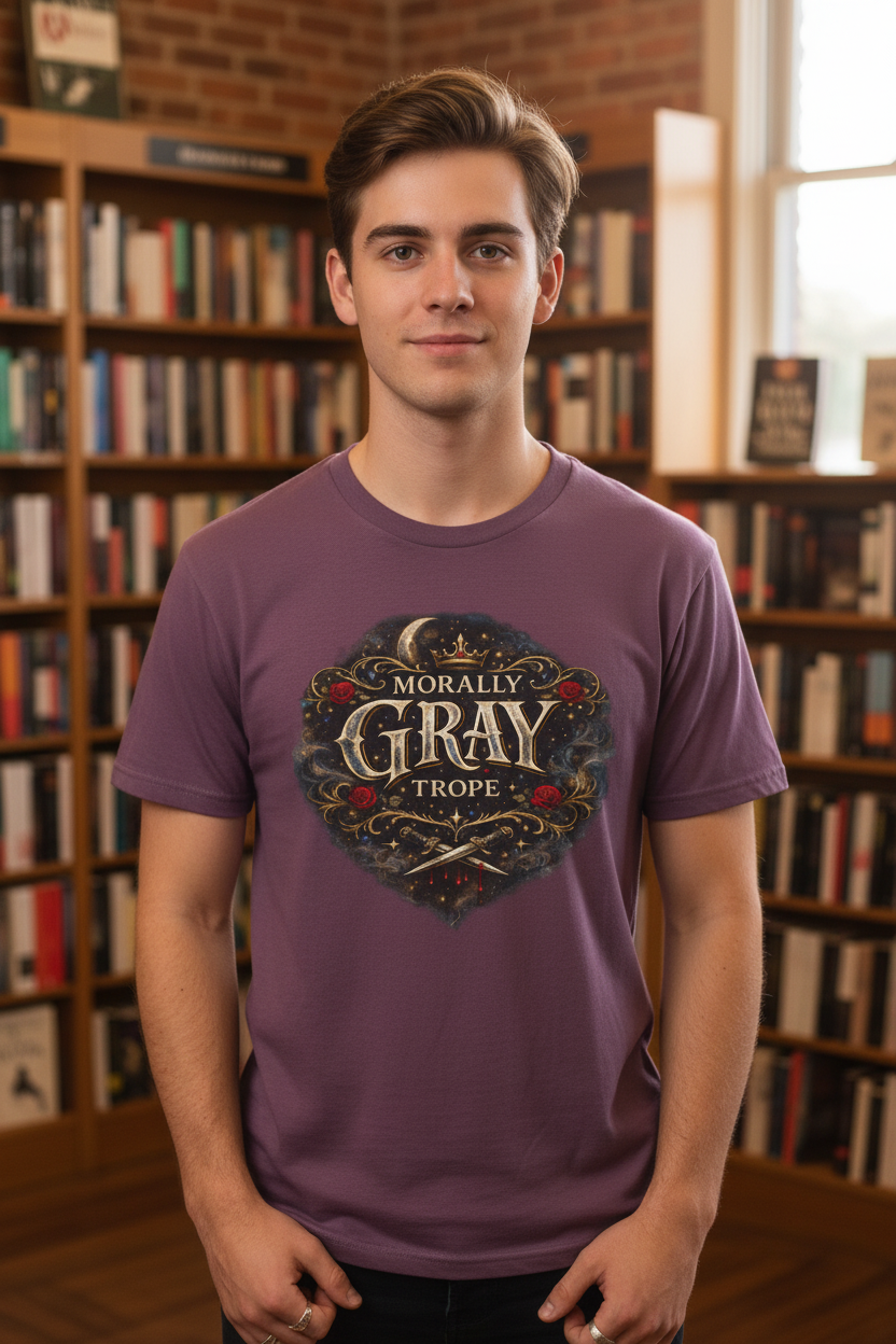 Morally Gray Trope Comfort Colors gothic fantasy graphic tee, close-up of design