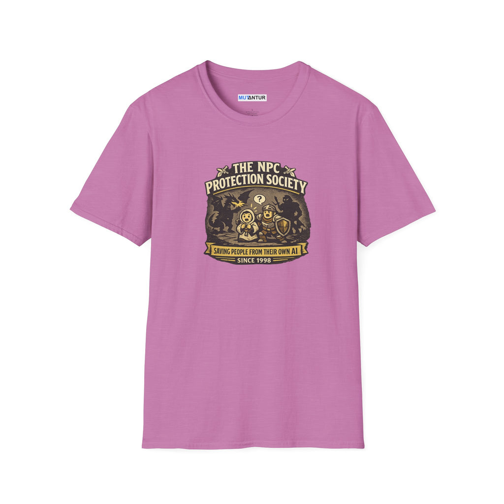 A pink short-sleeve crewneck t-shirt featuring a vintage-style graphic on the chest that reads 'The NPC Protection Society' with a gold and black illustration of a guard and shield.