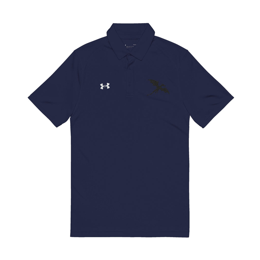 A navy polo shirt with an Under Armour logo and a black dragon on a white background