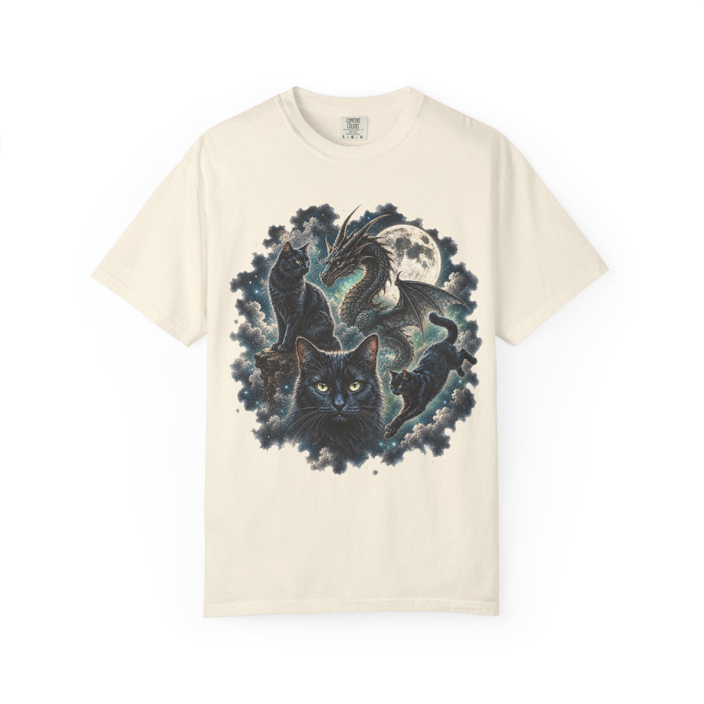 An off-white short-sleeve crewneck t-shirt featuring a detailed graphic print of a black cat and a dragon amidst dark clouds and a full moon.