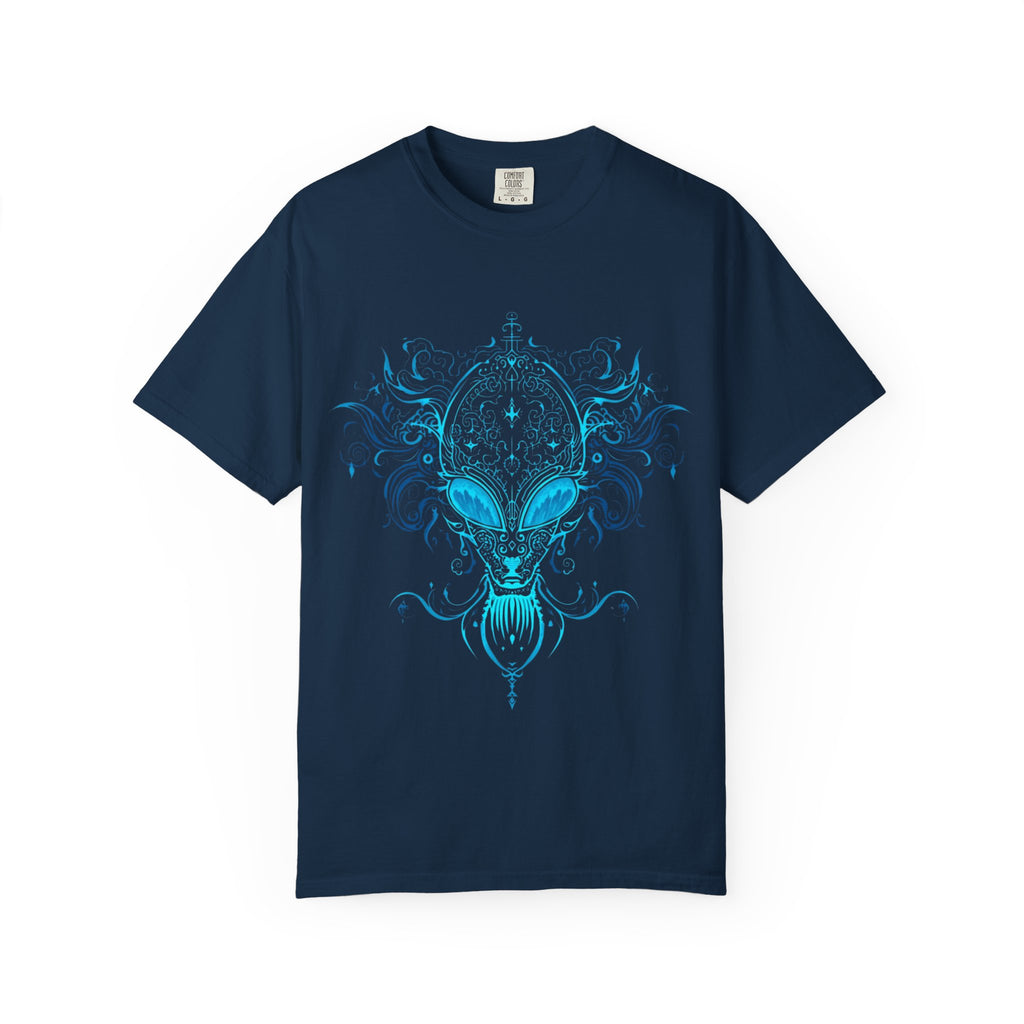 Ornate Blue Alien Mask T-Shirt | Chinoiserie Mystical Graphic Tee - Mutantur Labs LLC