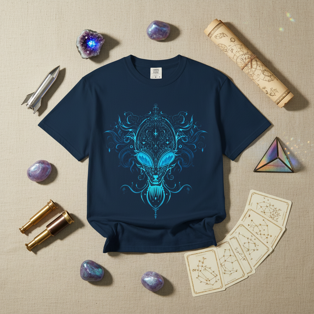 Ornate Blue Alien Mask chinoiserie mystical graphic tee, flat lay