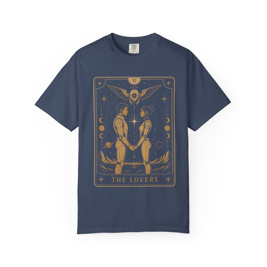 A navy blue t-shirt featuring The Lovers from the Future Arcana collection, inspired by The Lovers tarot card. Two futuristic figures stand together beneath a radiant celestial sky, framed by elegant Art Deco details in gold line art on a transparent background.