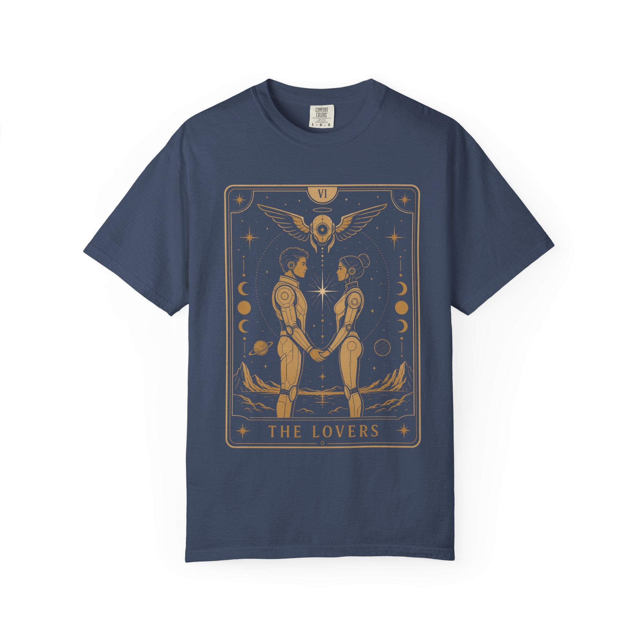 A navy blue t-shirt featuring The Lovers from the Future Arcana collection, inspired by The Lovers tarot card. Two futuristic figures stand together beneath a radiant celestial sky, framed by elegant Art Deco details in gold line art on a transparent background.
