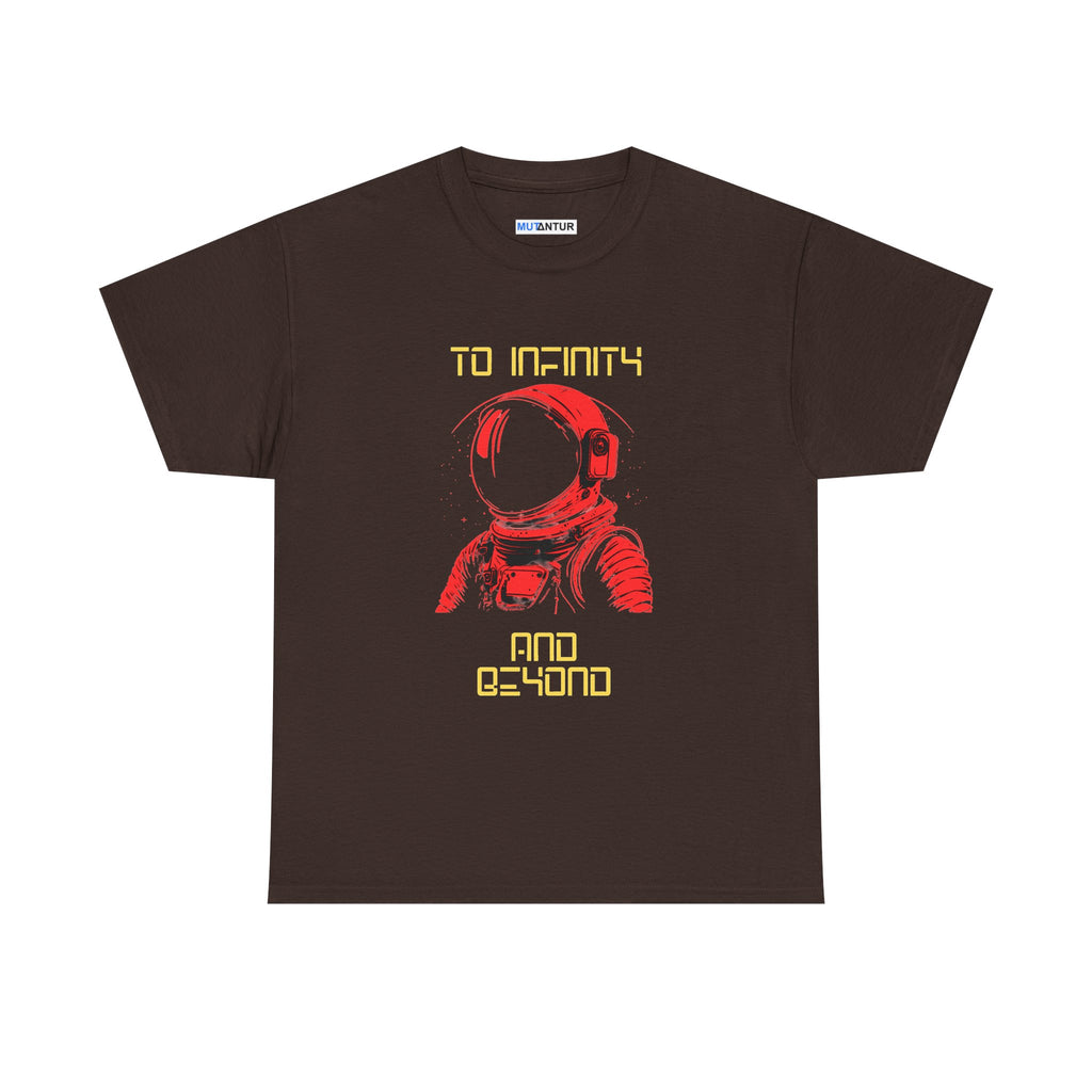 To Infinity and Beyond retro astronaut graphic tee in brown, front view flat mockup