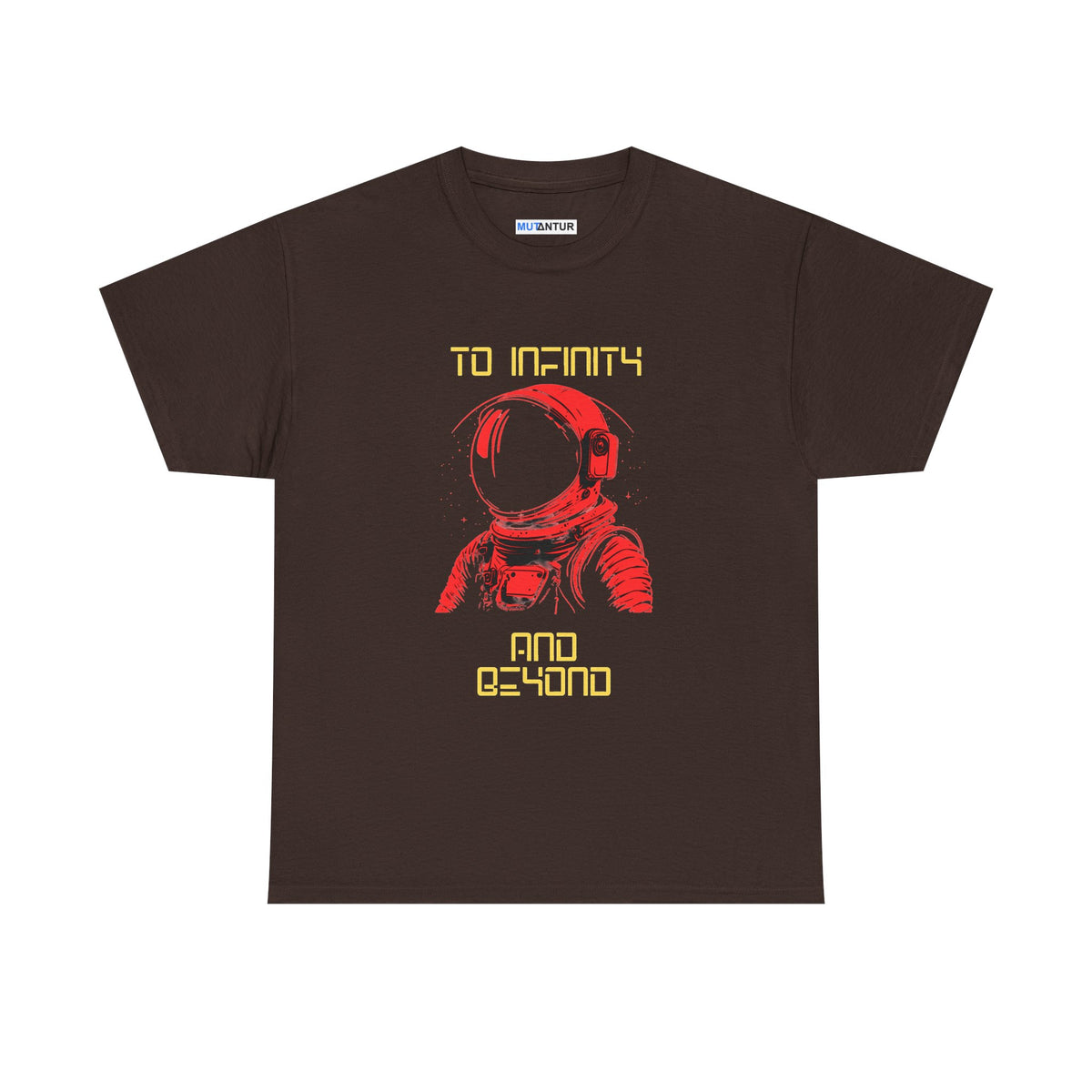 To Infinity and Beyond retro astronaut graphic tee in brown, front view flat mockup