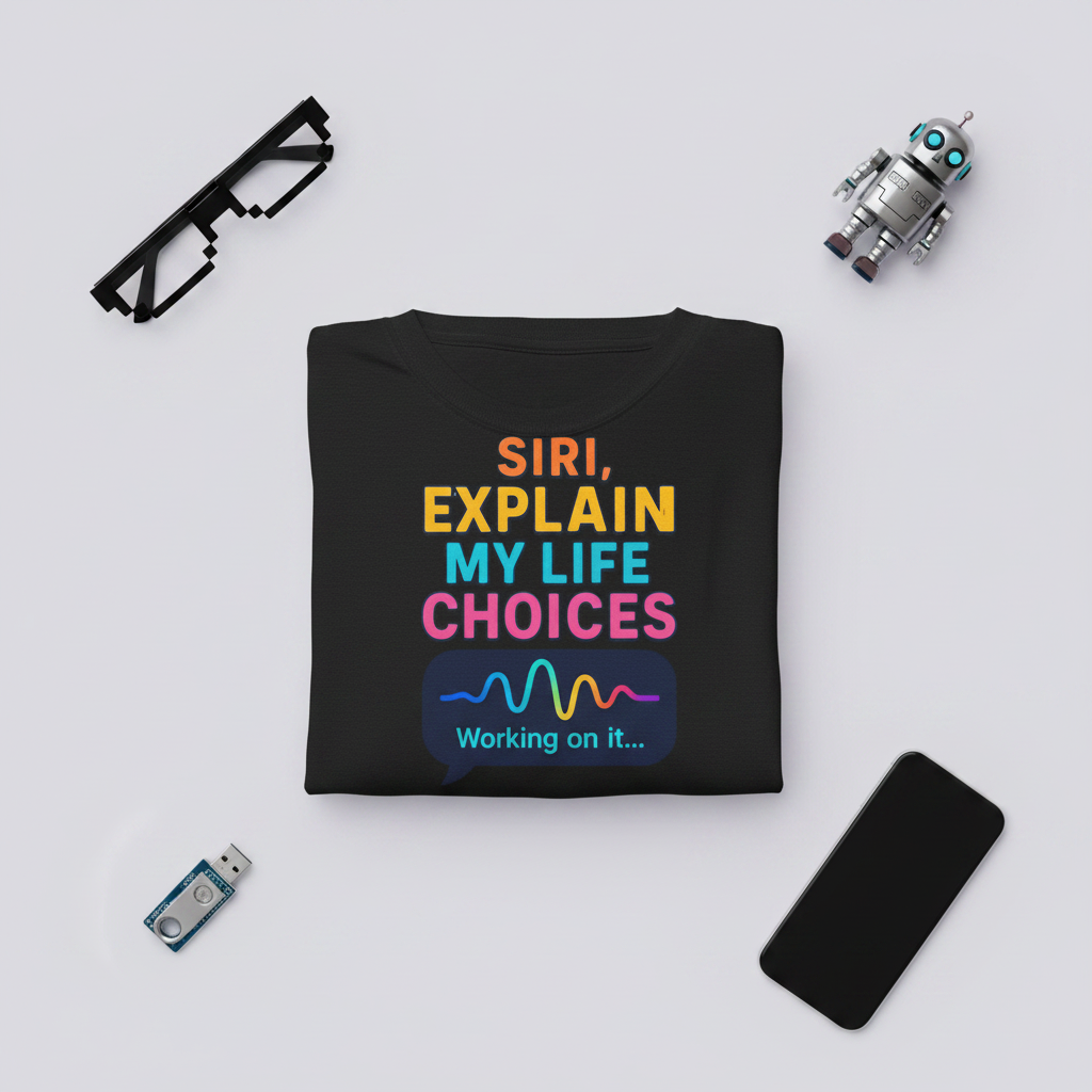 Siri Explain My Life Choices funny tech quote graphic tee in black, flat lay styled with retro tech props including glasses, a robot toy, and a smartphone