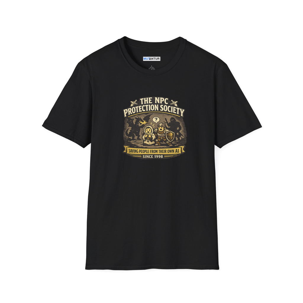 a black short-sleeve crewneck t-shirt featuring a vintage-style graphic on the chest that reads 'The NPC Protection Society' with a gold and black illustration of a guard and shield.
