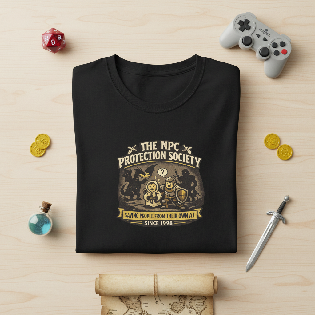 a black short-sleeve crewneck t-shirt featuring a vintage-style graphic on the chest that reads 'The NPC Protection Society' with a gold and black illustration of a guard and shield.