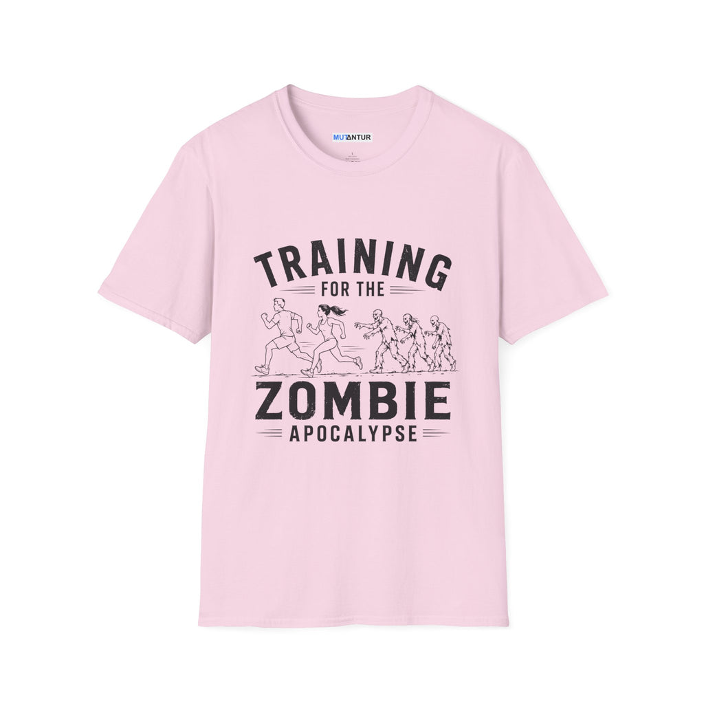 Pink short sleeved t shirt with the words Training for the zombie apocalypse with a funny line drawing of runners escaping zombies