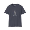 Blue T-shirt depicting a skeleton hand holding a Light Saber hilt with the words Jedis Never Die