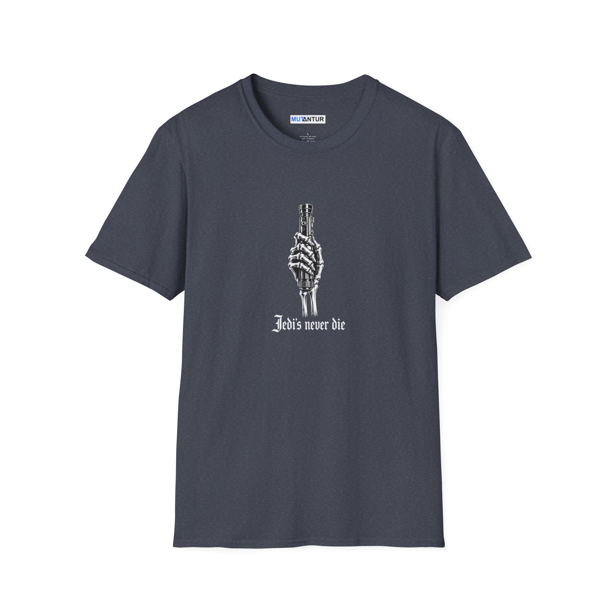Blue T-shirt depicting a skeleton hand holding a Light Saber hilt with the words Jedis Never Die