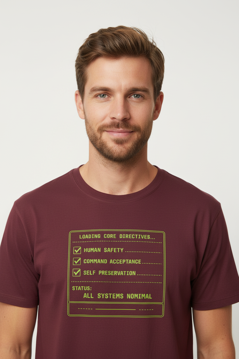Maroon short sleeved t shirt with a Computer graphic Design Loading Core Directives All Systems normal in neon green