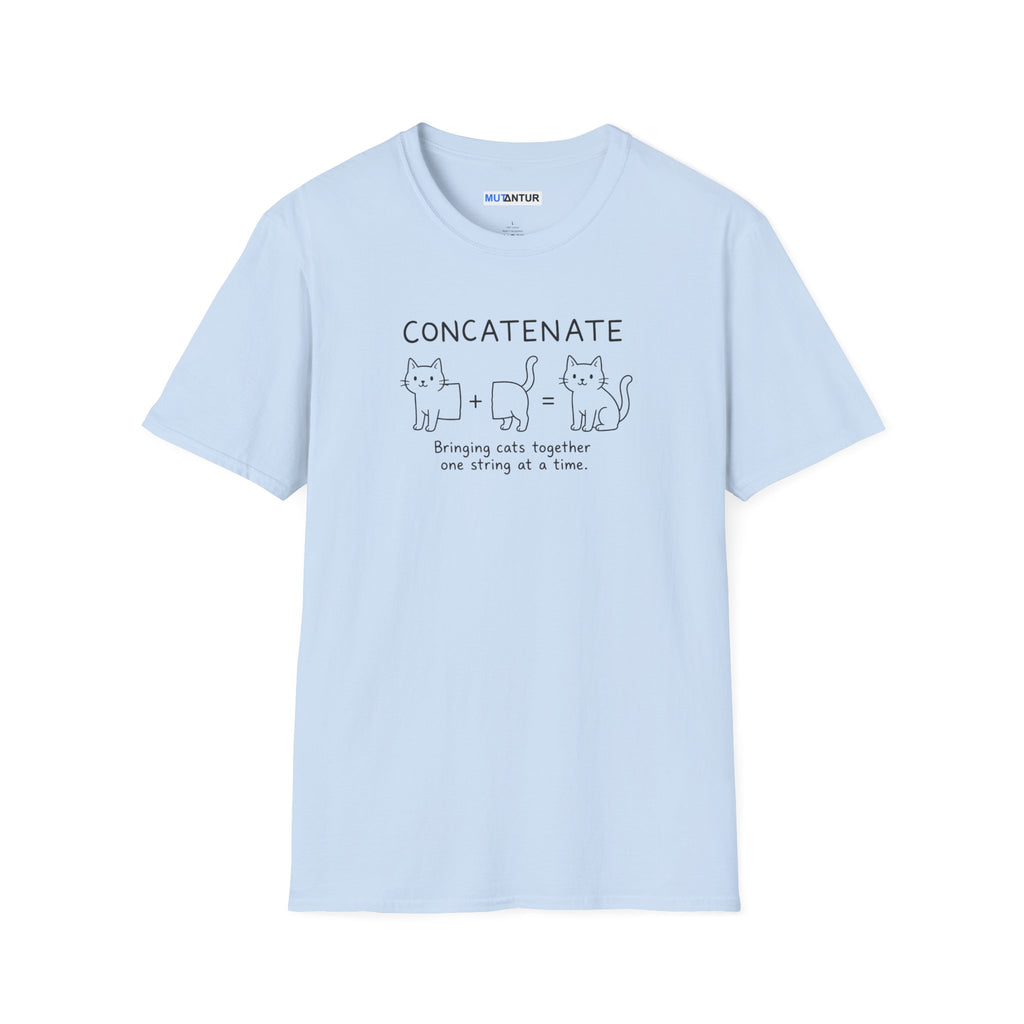 A light blue short-sleeve crewneck t-shirt with a black graphic on the chest that reads 'CONCATENATE' above three simple line drawings of cats and a cat, with a small caption underneath, shown on a plain white background.