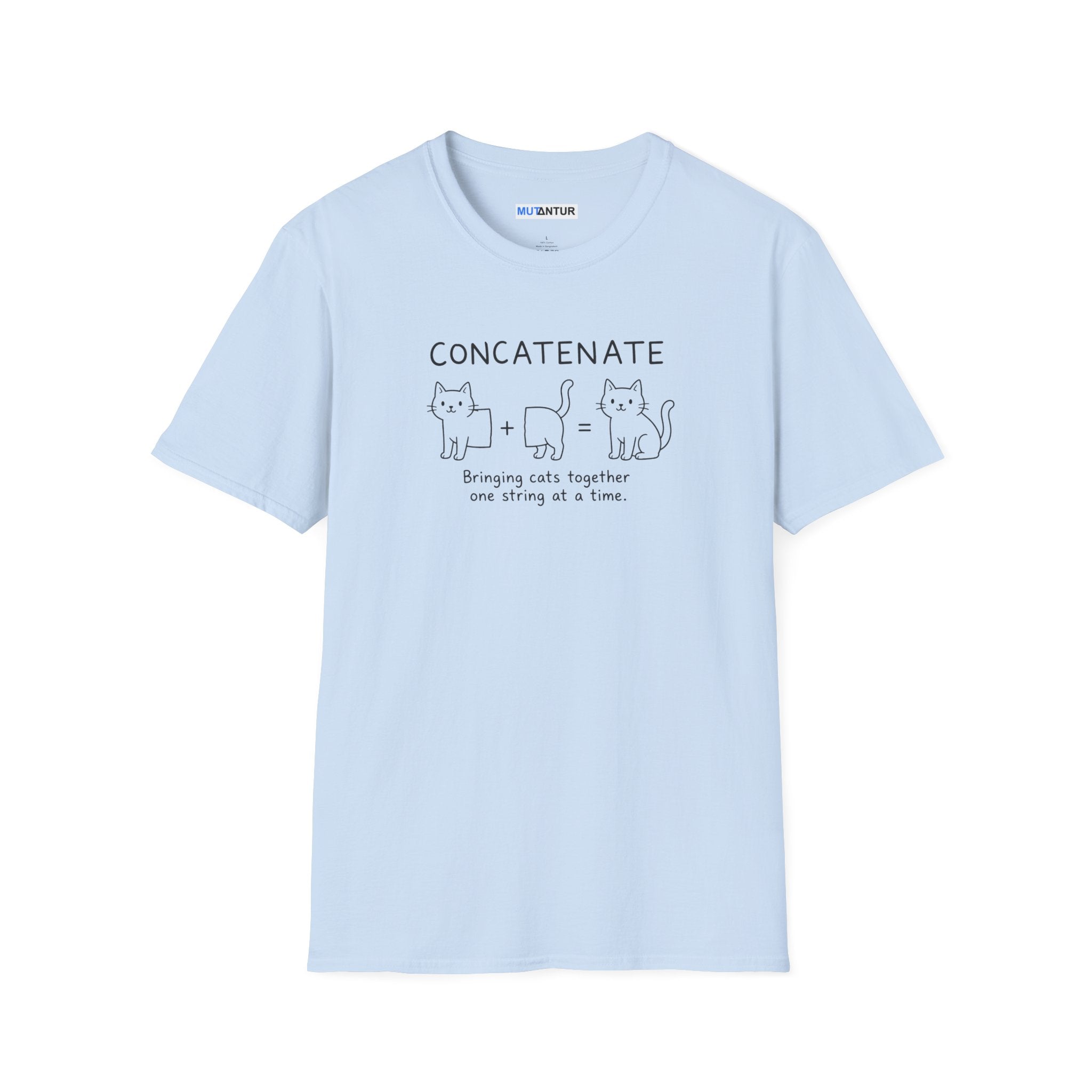 A light blue short-sleeve crewneck t-shirt with a black graphic on the chest that reads 'CONCATENATE' above three simple line drawings of cats and a cat, with a small caption underneath, shown on a plain white background.