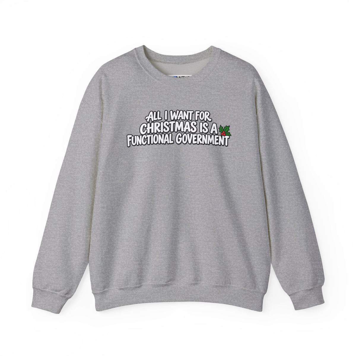 A gray crewneck sweatshirt with a graphic text print on the chest that reads 'ALL I WANT FOR CHRISTMAS IS A FUNCTIONAL GOVERNMENT' in white letters with a black outline, accompanied by a small green holly graphic.