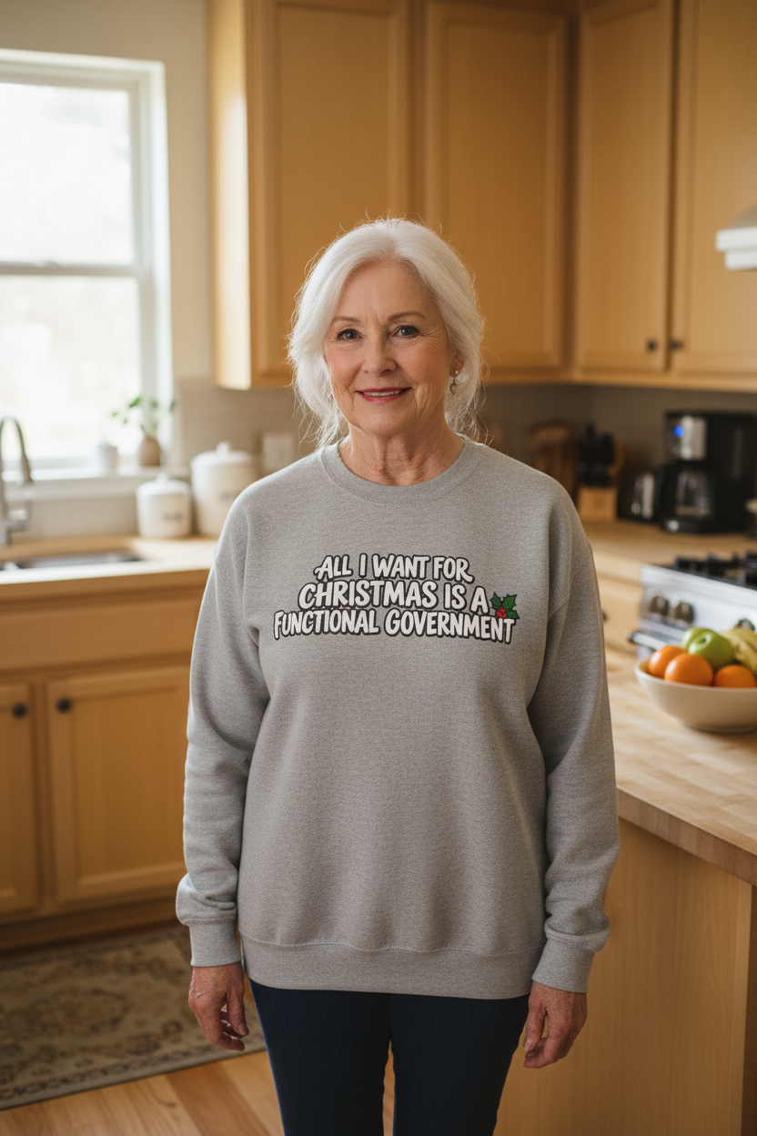 An older woman with white hair stands in a warm, wood-cabinet kitchen wearing a light gray crewneck sweatshirt with a humorous political slogan printed on the chest.