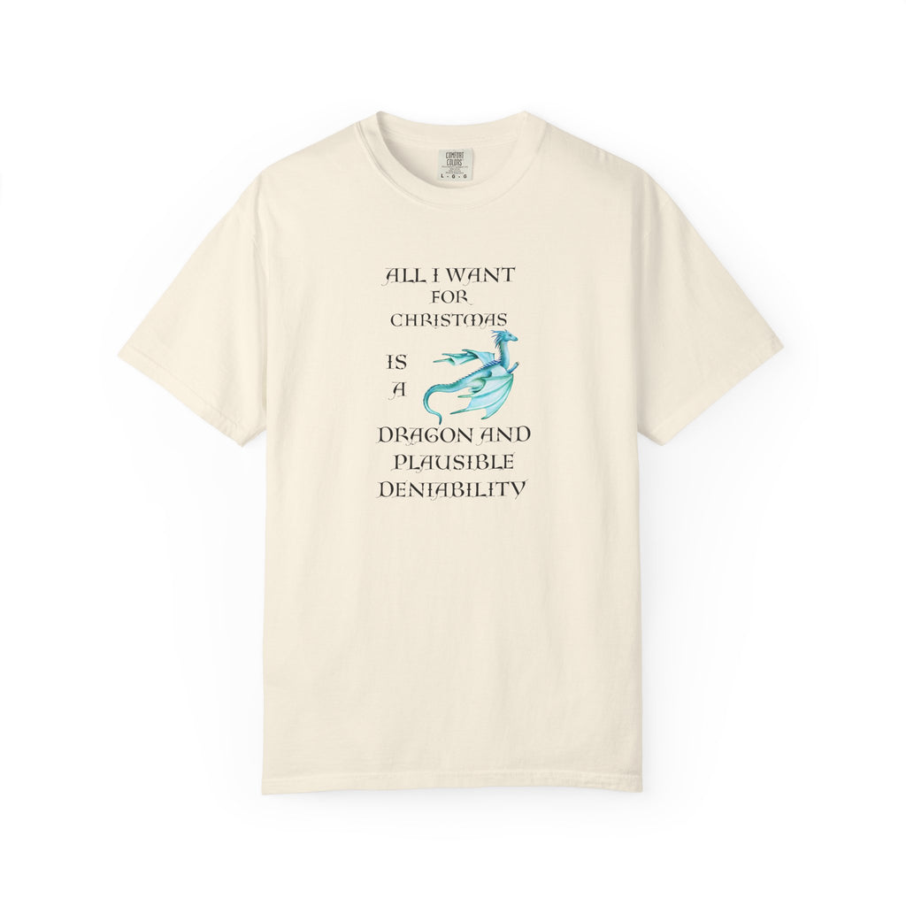 An off-white short-sleeve crewneck t-shirt with a graphic print on the front. The graphic features black text reading 'ALL I WANT FOR CHRISTMAS IS A DRAGON AND PLAUSIBLE DENIALABILITY' alongside a light blue dragon illustration.