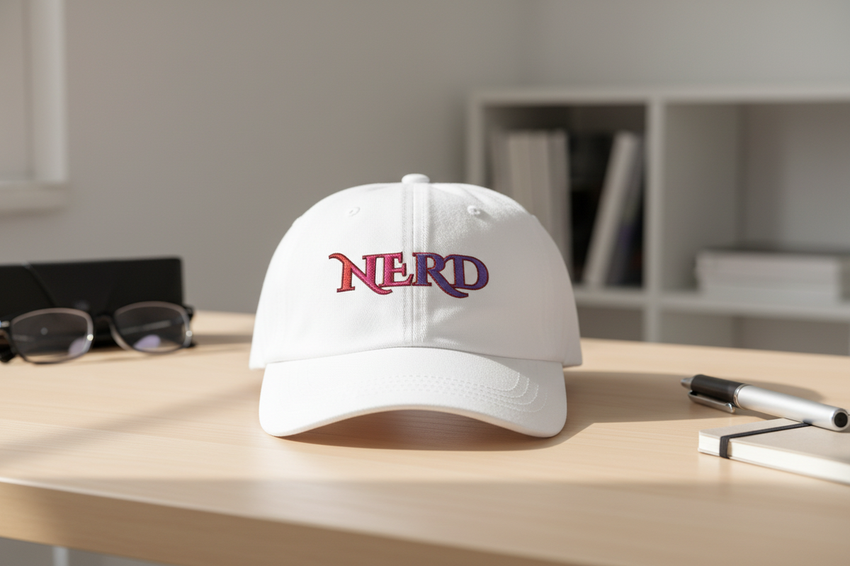 Nerd Retro Script embroidered dad cap, front view