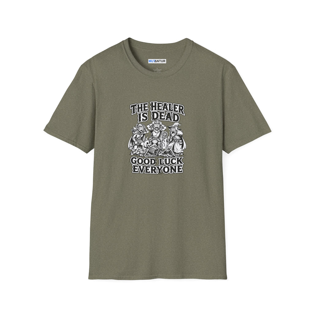 Green  short-sleeve crewneck t-shirt with a black  and white graphic print on the front. The graphic features the text 'THE HEALER IS DEAD' and 'GOOD LUCK EVERYONE' surrounding an illustration of three figures and a skeleton