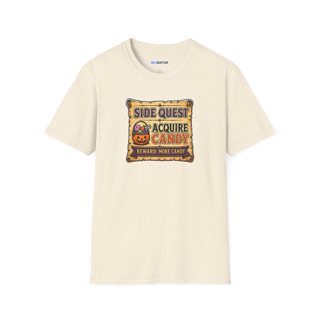 a Beige  short-sleeve crewneck t-shirt featuring a colorful graphic on the chest that reads 'SIDE QUEST TO ACQUIRE CANDY REWARD: MORE CANDY' with a jack-o'-lantern illustration.