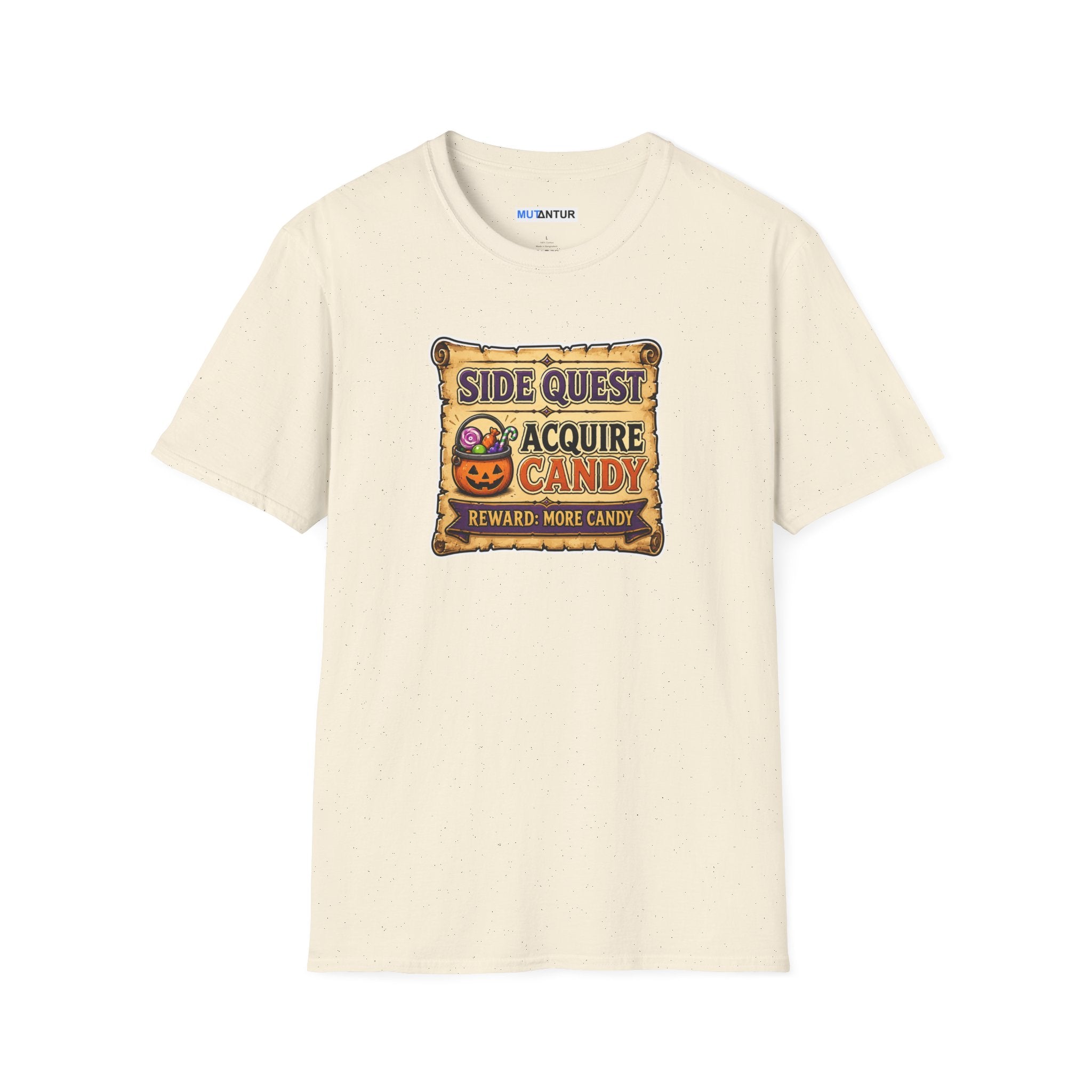 a Beige  short-sleeve crewneck t-shirt featuring a colorful graphic on the chest that reads 'SIDE QUEST TO ACQUIRE CANDY REWARD: MORE CANDY' with a jack-o'-lantern illustration.