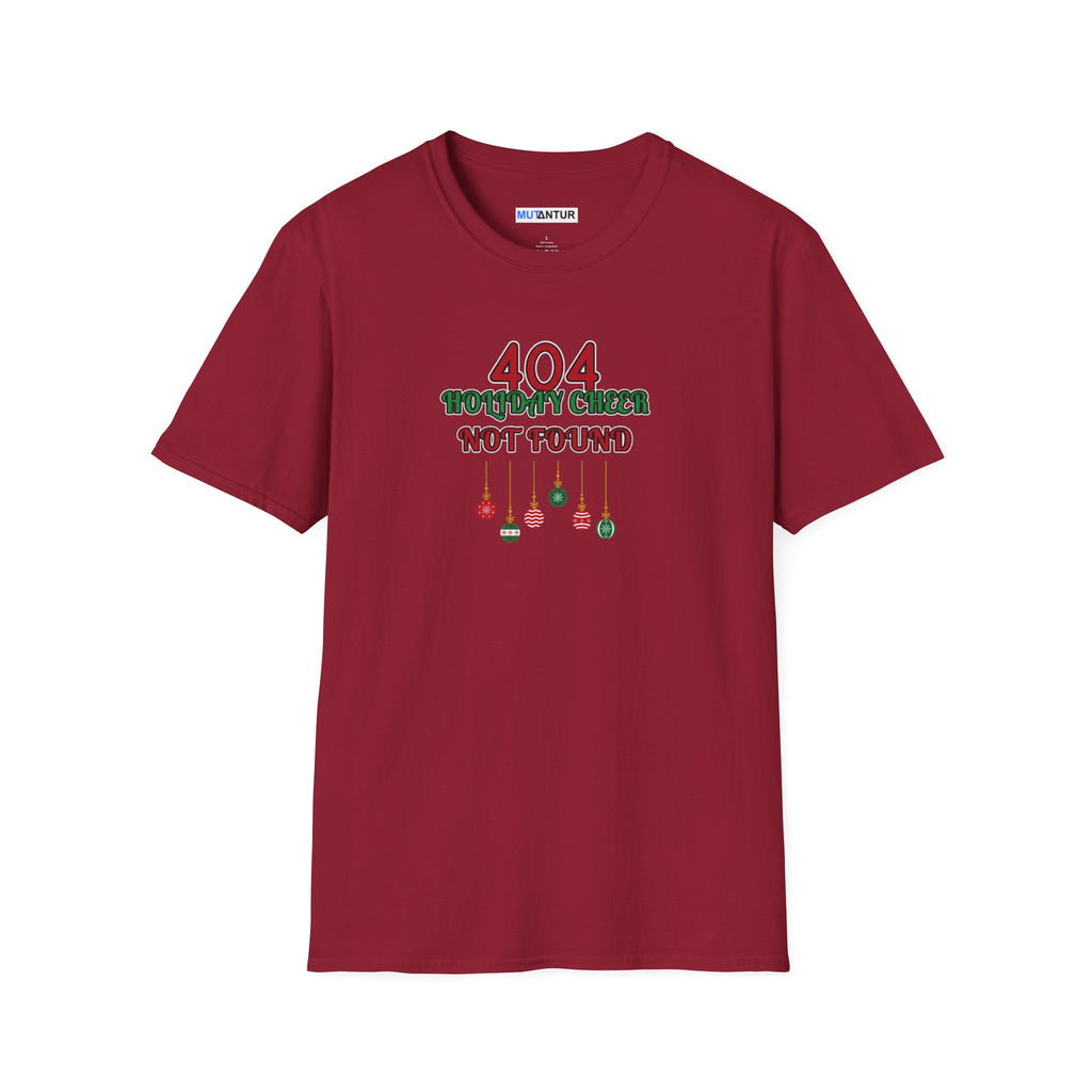 A red crewneck t-shirt with a holiday-themed graphic on the chest that reads '404 HOLIDAY CHEER NOT FOUND' in red and dark green text with hanging ornaments.