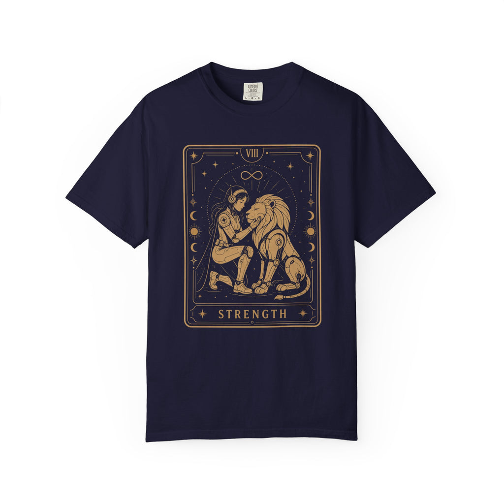 A navy blue short-sleeve crewneck t-shirt featuring a tarot card graphic of 'Strength' in gold. The graphic depicts a figure pulling a large lion, framed by stars and moon phases, with the Roman numeral VIII and the word 'STRENGTH' at the bottom.