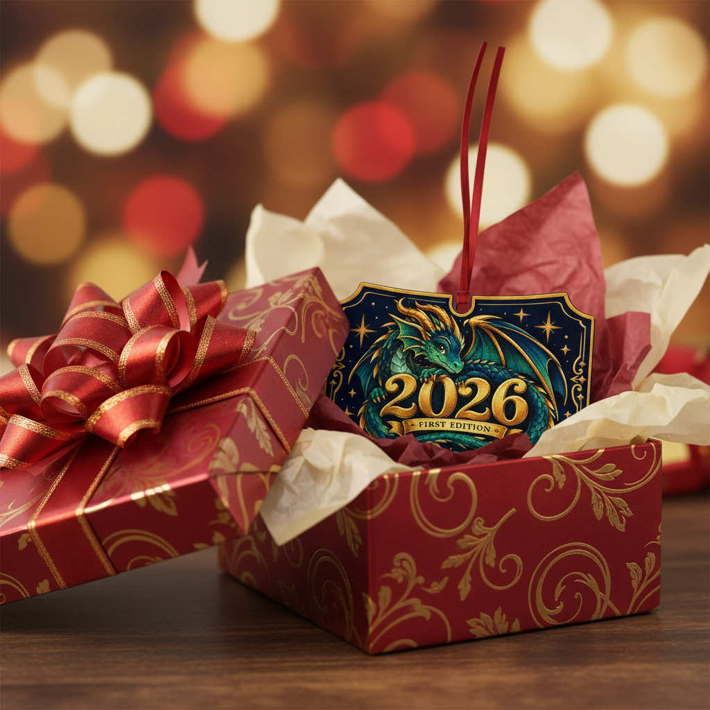 A decorative 2026 First Edition dragon ornament displayed inside an open red gift box with gold patterns, tissue paper, and a matching red ribbon, set against a warm, blurred holiday bokeh background.