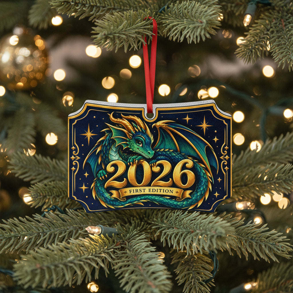 A decorative hanging ornament featuring a detailed illustration of a teal and gold dragon on a dark navy background with gold stars and the text '2026 FIRST EDITION.' A red hanging ribbon is attached at the top.
