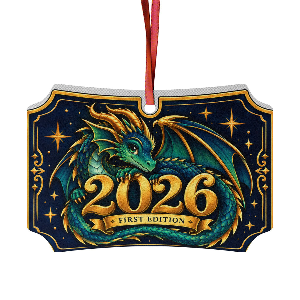 A decorative hanging ornament featuring a detailed illustration of a teal and gold dragon on a dark navy background with gold stars and the text '2026 FIRST EDITION.' A red hanging ribbon is attached at the top.