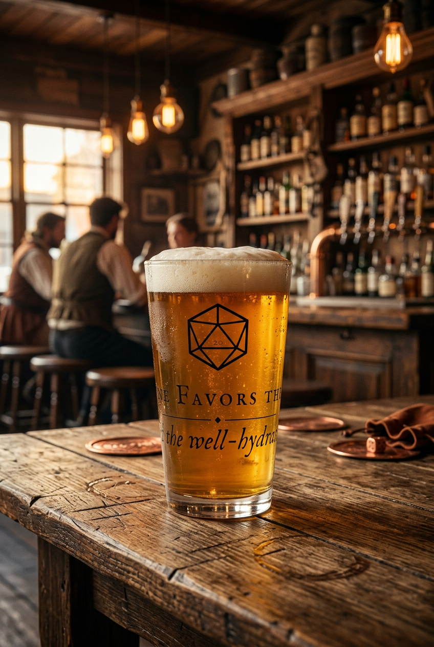 A frothy glass of golden beer with a black geometric logo and text, set on a rustic wooden bar counter inside a warmly lit bar with blurred patrons and shelves in the background