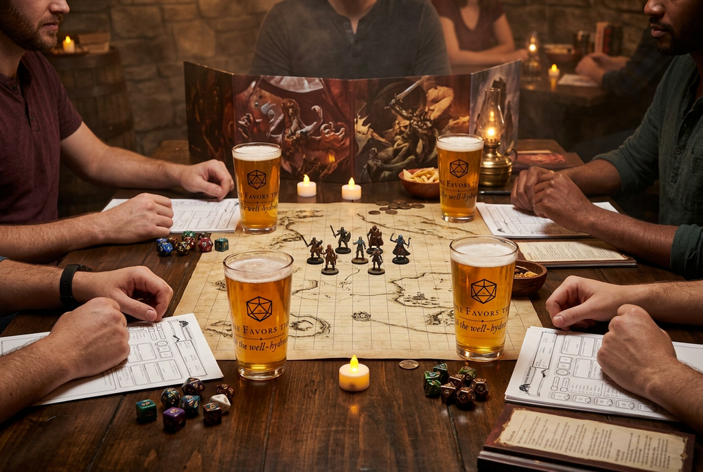 Four people seated around a wooden table in a dimly lit fantasy-themed setting, each holding a frothy beer glass printed with the Hexxcel brand logo. The table is set with a detailed campaign map, small tabletop gaming figurines, dice, and candles, with a large fantasy artwork backdrop behind them.
