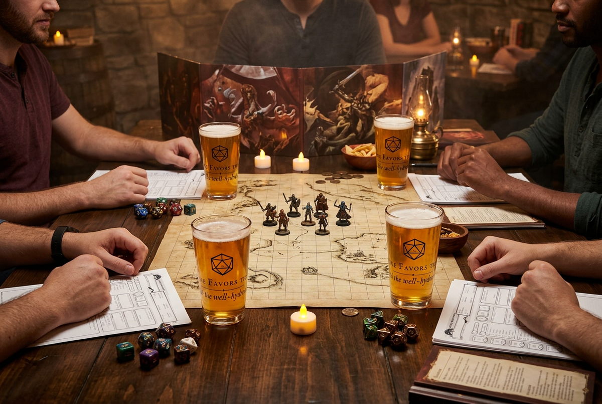 Four people seated around a wooden table in a dimly lit fantasy-themed setting, each holding a frothy beer glass printed with the Hexxcel brand logo. The table is set with a detailed campaign map, small tabletop gaming figurines, dice, and candles, with a large fantasy artwork backdrop behind them.