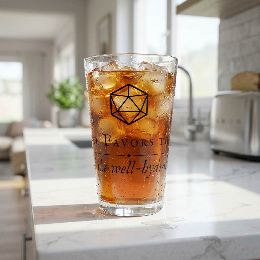 A clear drinking glass filled with iced cola sits on a white marble kitchen counter.