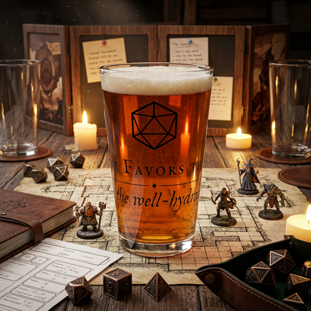 A clear pint glass filled with amber beer and topped with white foam, printed with a black D20 die icon and the phrase 'Fortune Favors the Bold and the well-hydrated'. The glass is set on a wooden tabletop surrounded by gaming props including dice, miniature figures, a journal, and candles in a dimly lit fantasy-themed setting.
