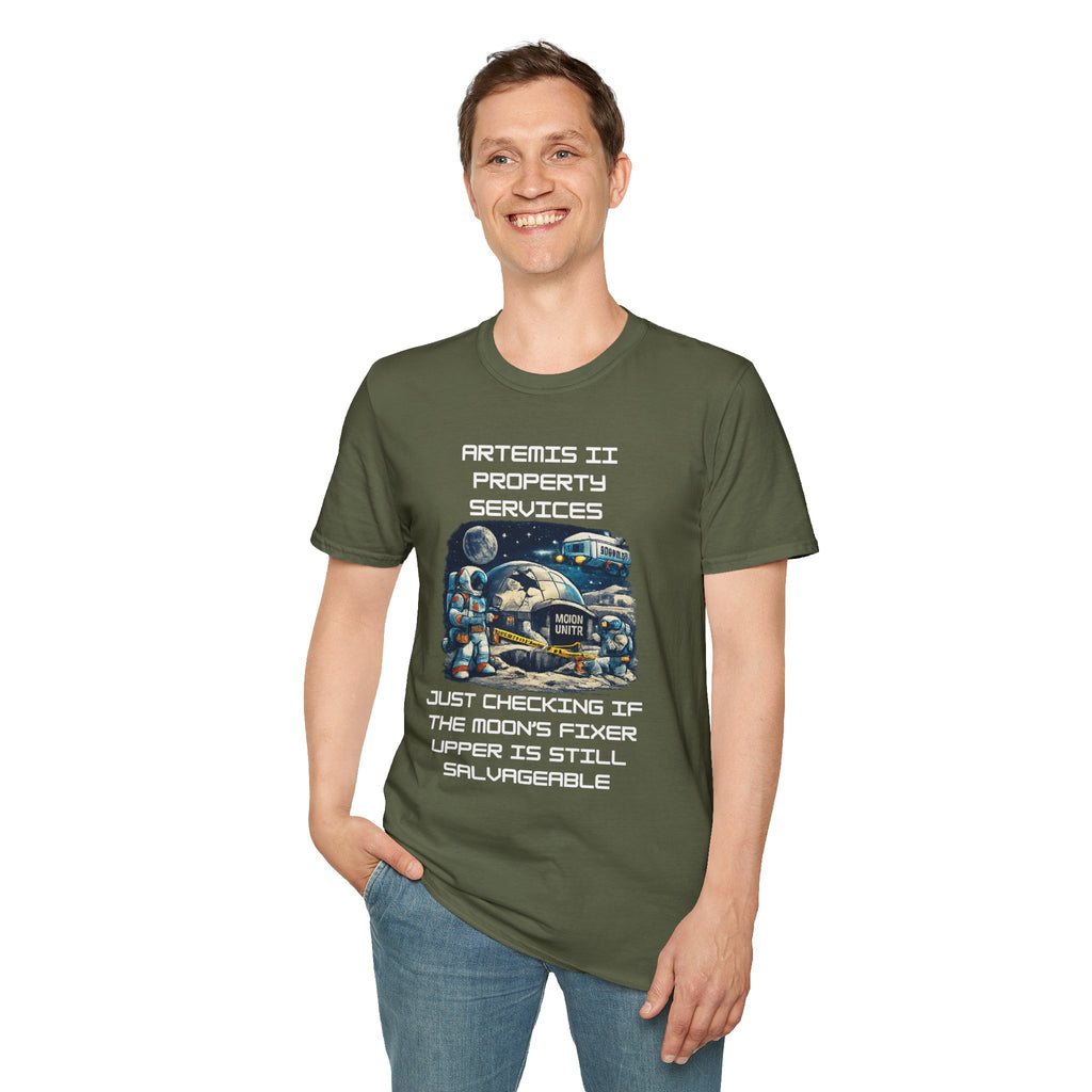 Moonbase Property Services T-Shirt — 'Artemis II Property Services' Space Repair Crew funny Tee - Mutantur Labs LLC