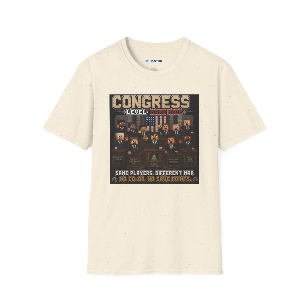 A beige short-sleeve t-shirt with a vintage-style graphic print on the front depicting a retro video game lobby scene with the text 'CONGRESS LEVEL 1000' and 'SAME PLAYERS, DIFFERENT MAP. NO CO-OP.