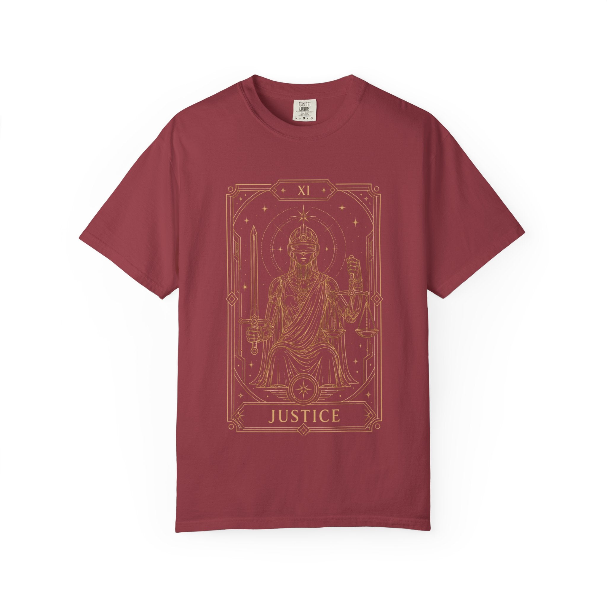 a red Comfort Colors t-shirt featuring Justice from the Future Arcana collection, inspired by the Justice tarot card. A futuristic blindfolded guardian holds a sword and balanced scales within an elegant Art Deco celestial frame rendered in vintage gold line art on a transparent background.